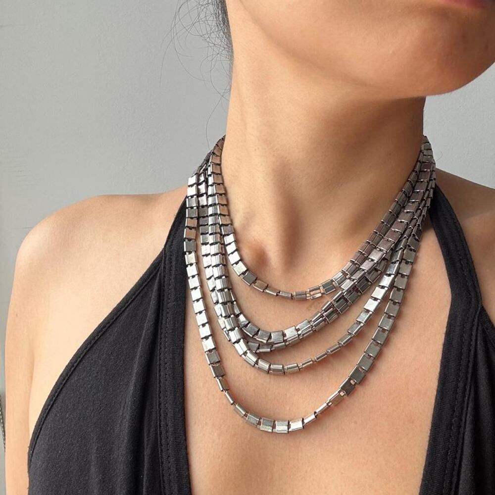 VTG Y2K Silver Tone Geometric Square Link Layered Statement Necklace